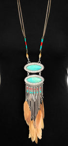 Turquoise and Feather Boho Pendant Necklace