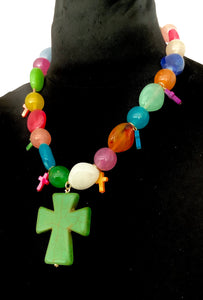 Beaded Green Boho Cross Necklace