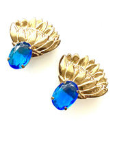 Load image into Gallery viewer, Clip On Vintage Blue and Gold Fan Style Earrings
