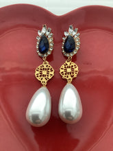 Load image into Gallery viewer, Pearl and Navy Blue Crystal Statement Earrings
