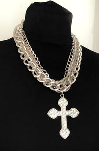 Chunky Silver Crystal Cross Chain Necklace