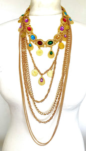 Long Gold Chain Multi Jewel Statement Necklace