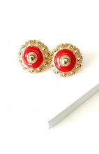 Load image into Gallery viewer, Clip On Vintage Red and Gold Dome Earrings
