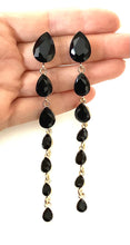 Load image into Gallery viewer, Long Black Tiered Jewel Earrings
