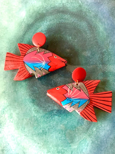 Red Wooden Tropical Fish Earrings