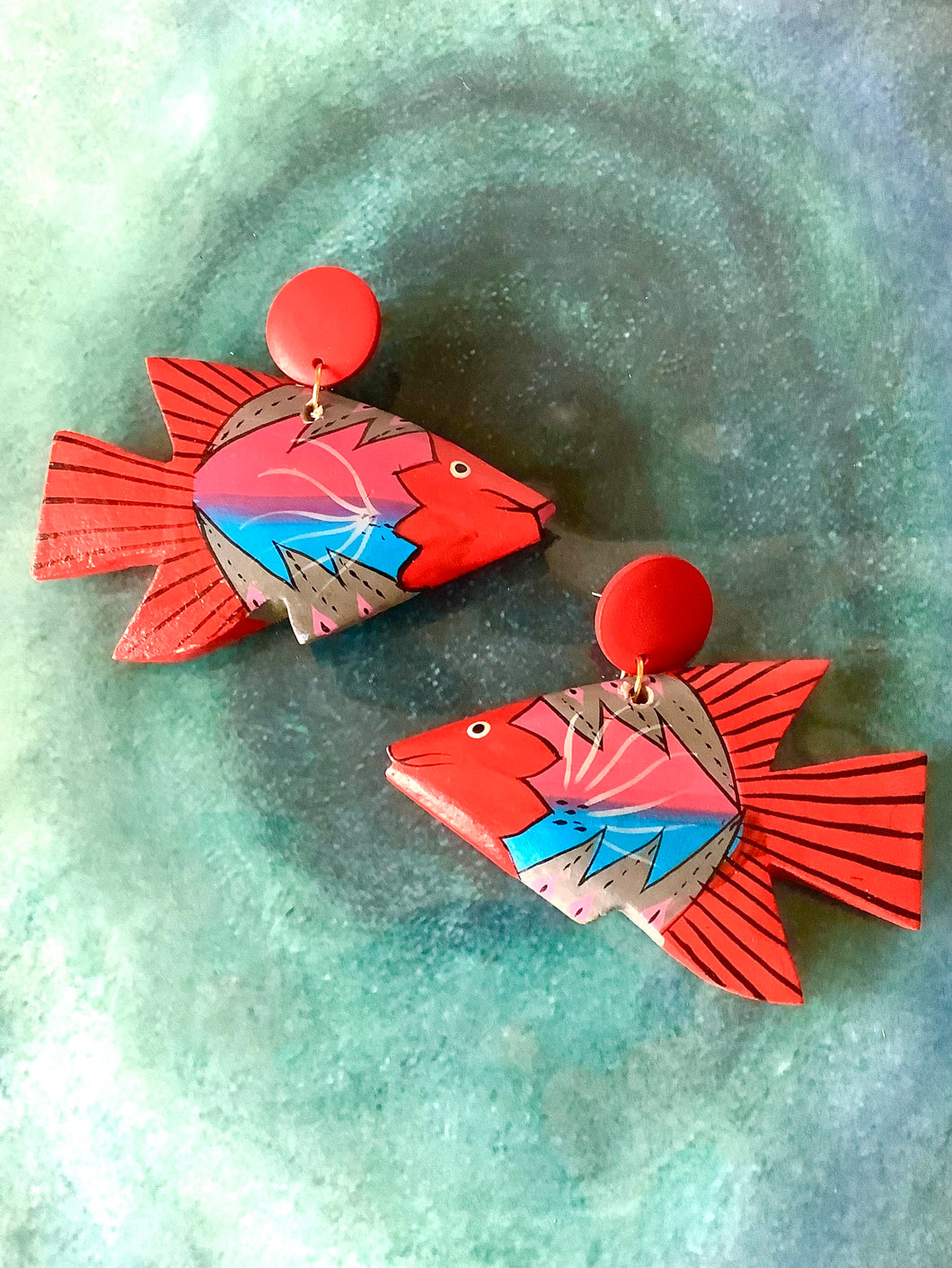 Red Wooden Tropical Fish Earrings