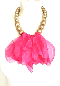 Pink Chiffon and Gold Bead Necklace