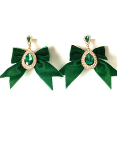 Green Velvet Party Bow Teardrop Earrings
