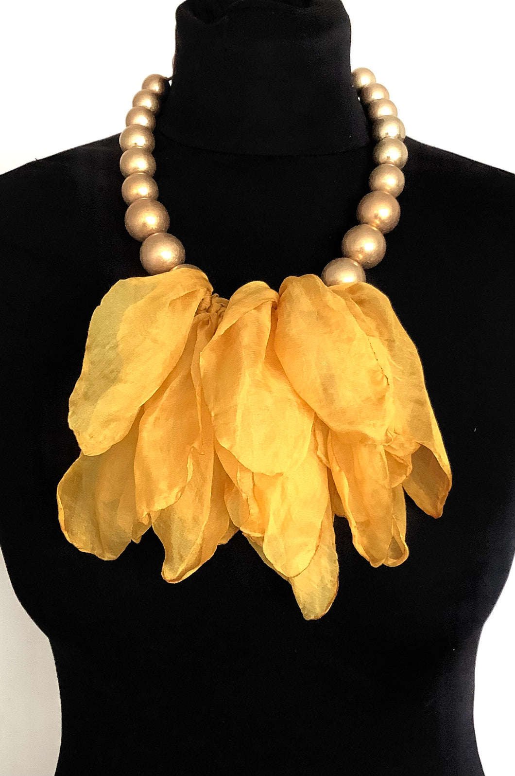 Yellow Chiffon and Gold Bead Necklace