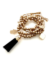 Load image into Gallery viewer, Gold Stretch Bead Tassel Stacking Bracelet Set
