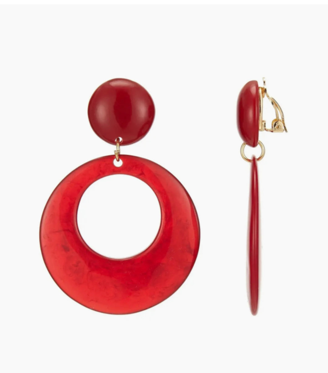 Clip On Red Acrylic Hoop Earrings