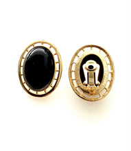 Load image into Gallery viewer, Clip On Vintage Black and Gold Oval Earrings
