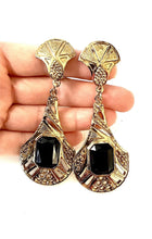 Load image into Gallery viewer, Clip On Vintage Black and Gold Drop Earrings
