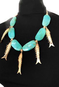 Aqua and Gold Vintage Fish Necklace
