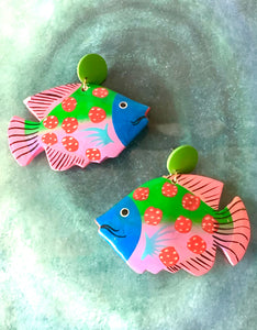 Multi Coloured Wooden Tropical Fish Earrings