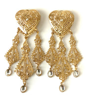 Load image into Gallery viewer, Clip On Gold Vintage 80’s Heart Drop Statement Earrings
