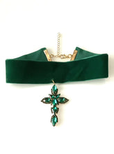 Load image into Gallery viewer, Green Jewelled Cross Velvet Choker Necklace
