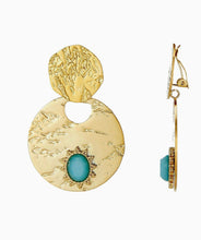 Load image into Gallery viewer, Clip On Gold and Turquoise Hammered Earrings
