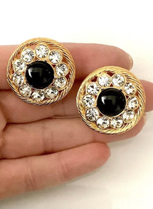 Clip On Vintage Black and Crystal Earrings