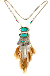 Turquoise and Feather Boho Pendant Necklace