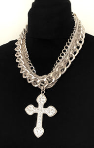 Chunky Silver Crystal Cross Chain Necklace