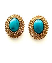Load image into Gallery viewer, Clip On Vintage Turquoise and Gold Earrings
