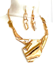 Gold Metallic Abstract Necklace and Earrings Set