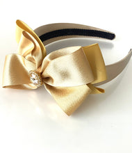 Load image into Gallery viewer, Gold Satin Jewel Bow Headband
