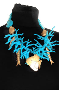 Turquoise Coral and Gold Fish Style Statement Necklace