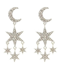 Load image into Gallery viewer, Silver Crystal Moon and Stars Statement Earrings
