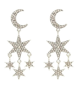 Silver Crystal Moon and Stars Statement Earrings