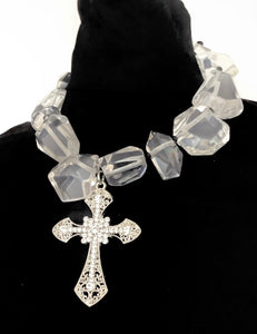 Clear Chunky Bead and Cross Necklace