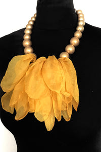 Yellow Chiffon and Gold Bead Necklace