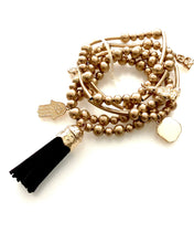 Load image into Gallery viewer, Gold Stretch Bead Tassel Stacking Bracelet Set
