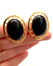 Load image into Gallery viewer, Clip On Vintage Black and Gold Oval Earrings
