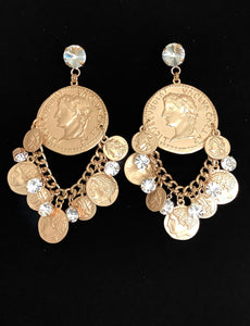 Gold Coin and Chain Statement Earrings