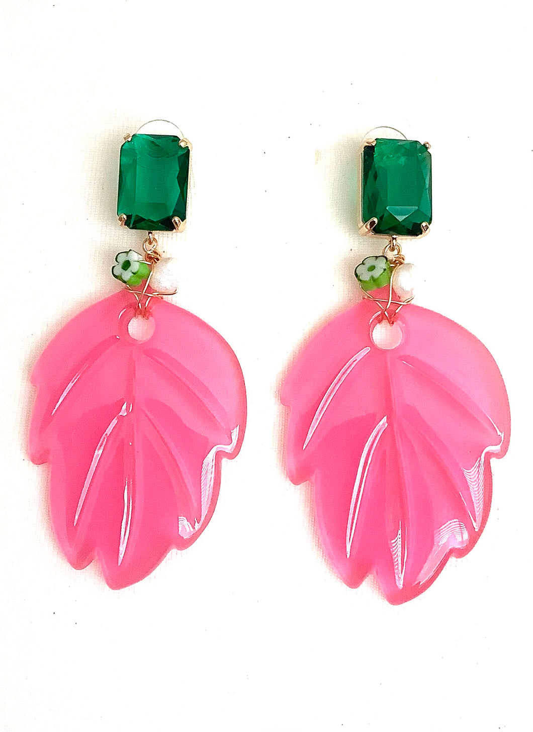 Pink Resin Leaf Earrings