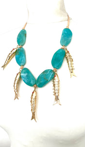 Aqua and Gold Vintage Fish Necklace