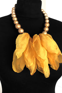 Yellow Chiffon and Gold Bead Necklace