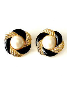 Clip On Black and Pearl Vintage Earrings