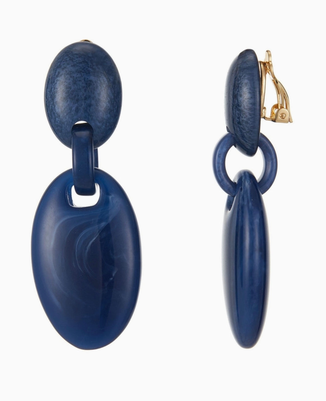 Clip On Navy Blue Oval Drop Earrings