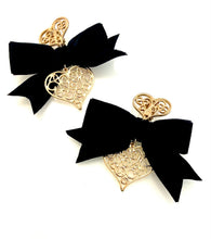 Load image into Gallery viewer, Clip On Gold Heart and Black Bow Earrings
