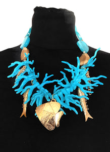 Turquoise Coral and Gold Fish Style Statement Necklace