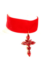 Red Jewelled Cross Velvet Choker Necklace