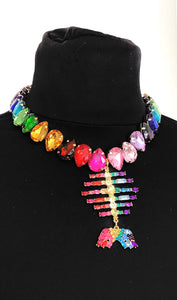 Rainbow Jewelled Fish Bone Necklace