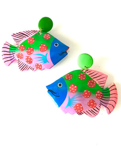 Multi Coloured Wooden Tropical Fish Earrings