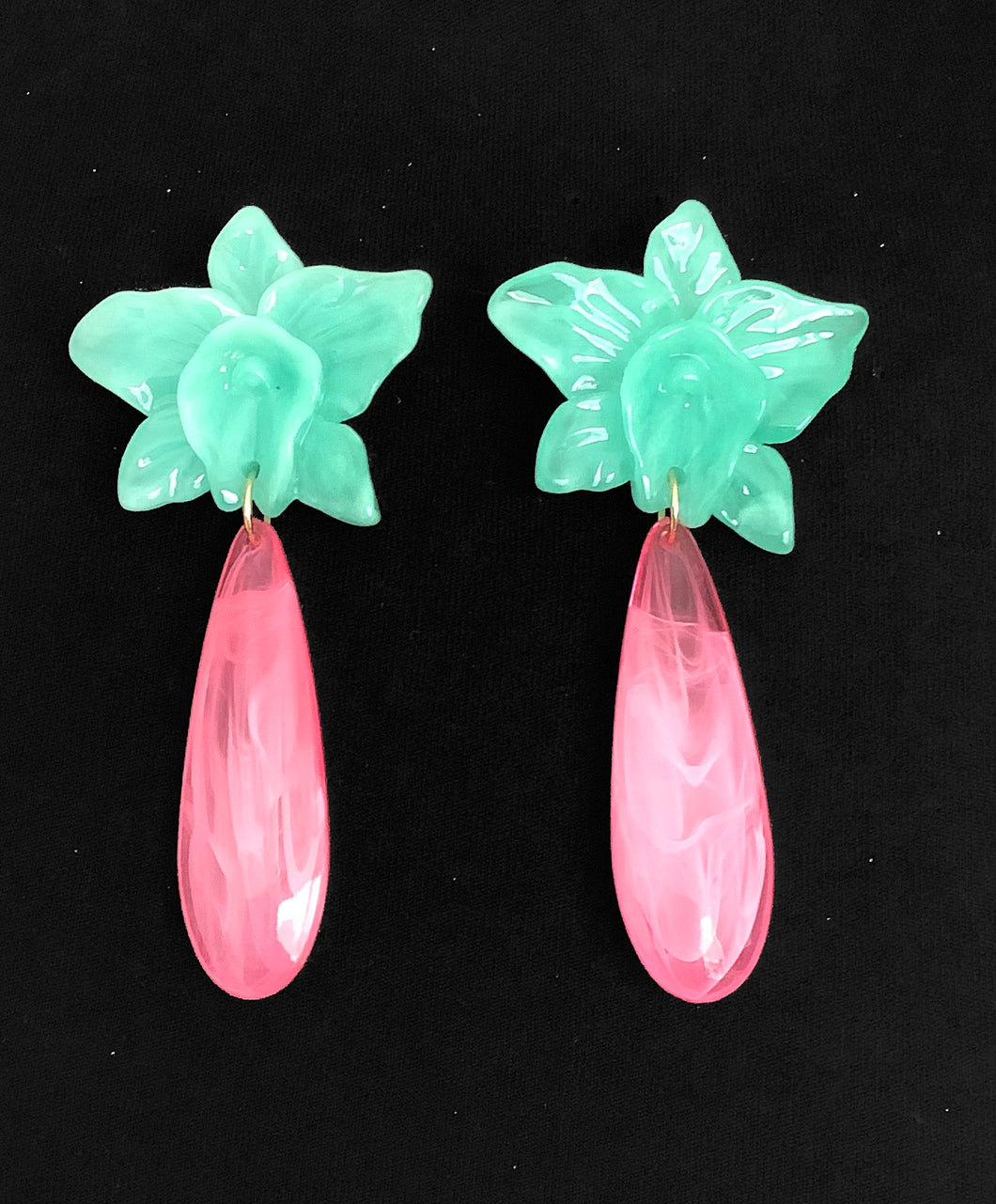 Mint Green and Pink Floral Teardrop Earrings