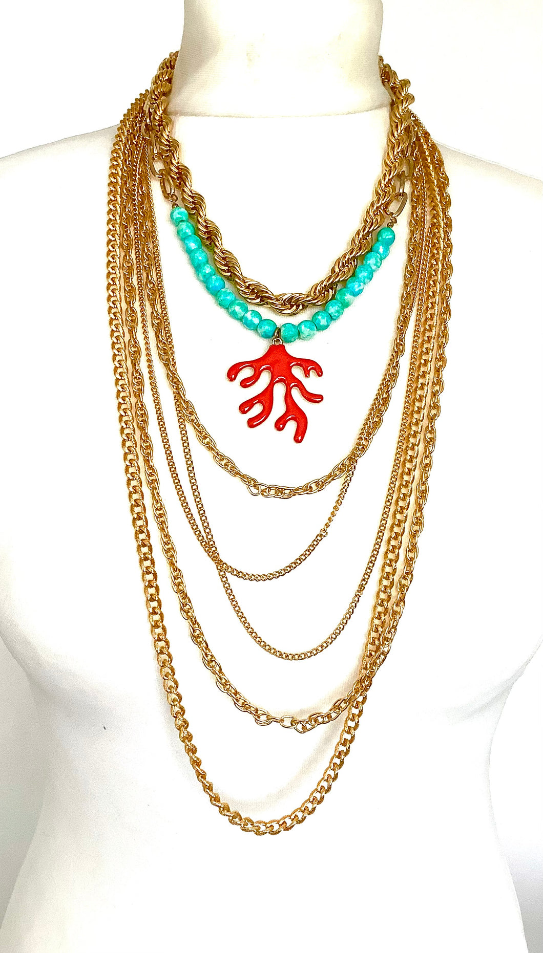Layered Coral Pendant Chain Necklace