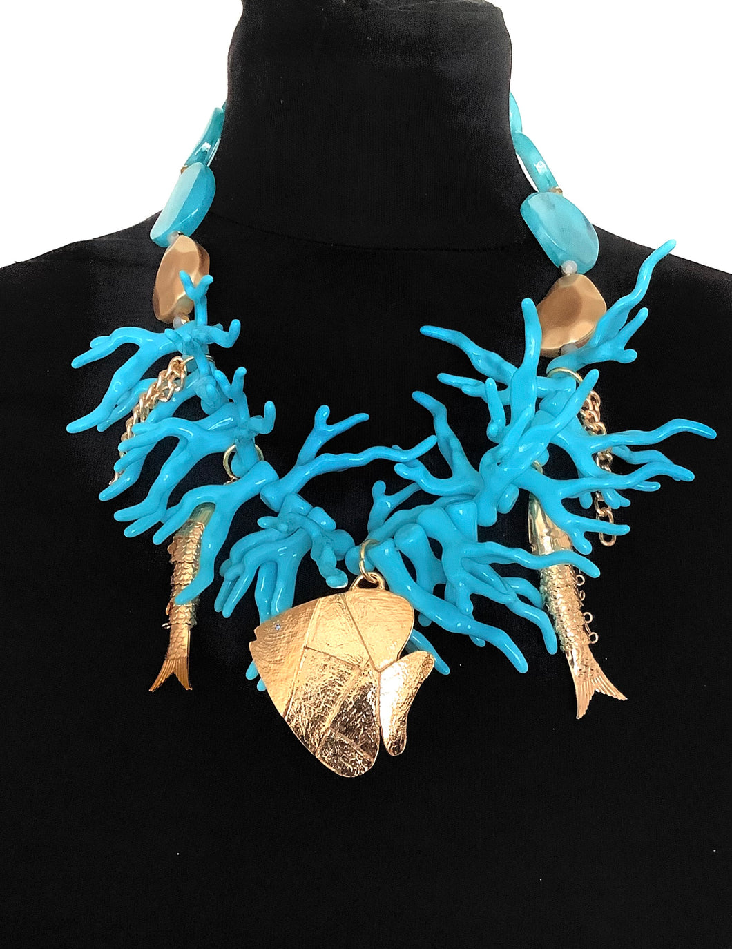 Turquoise Coral and Gold Fish Style Statement Necklace