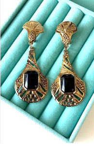 Clip On Vintage Black and Gold Drop Earrings